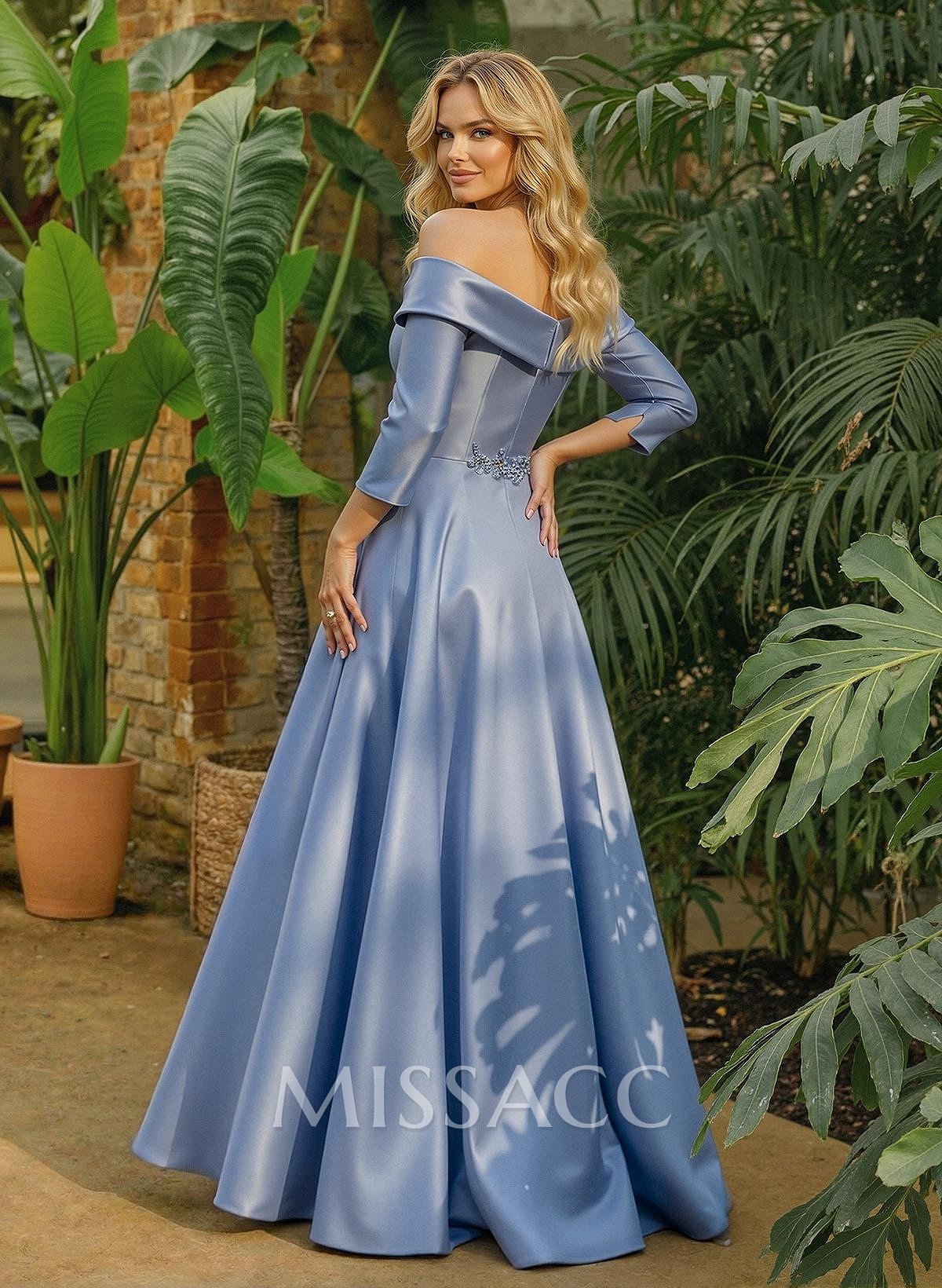 A-Line Off-The-Shoulder 3/4 Sleeves Floor-Length Satin Mother Of The Bride Dresses With Pockets Lace Rhinestone Flower(s) A-Line Off-The-Shoulder 3/4 Sleeves Floor-Length Satin Mother Of The Bride Dresses With Pockets Lace Rhinestone Flower(s)