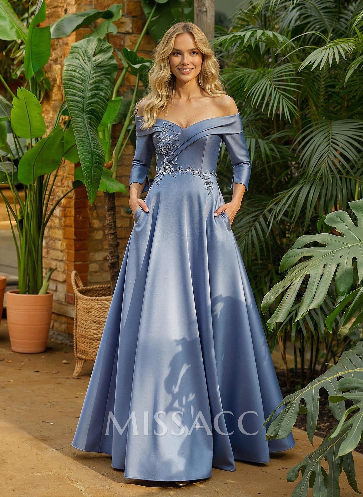 A-Line Off-The-Shoulder 3/4 Sleeves Floor-Length Satin Mother Of The Bride Dresses With Pockets Lace Rhinestone Flower(s) A-Line Off-The-Shoulder 3/4 Sleeves Floor-Length Satin Mother Of The Bride Dresses With Pockets Lace Rhinestone Flower(s)