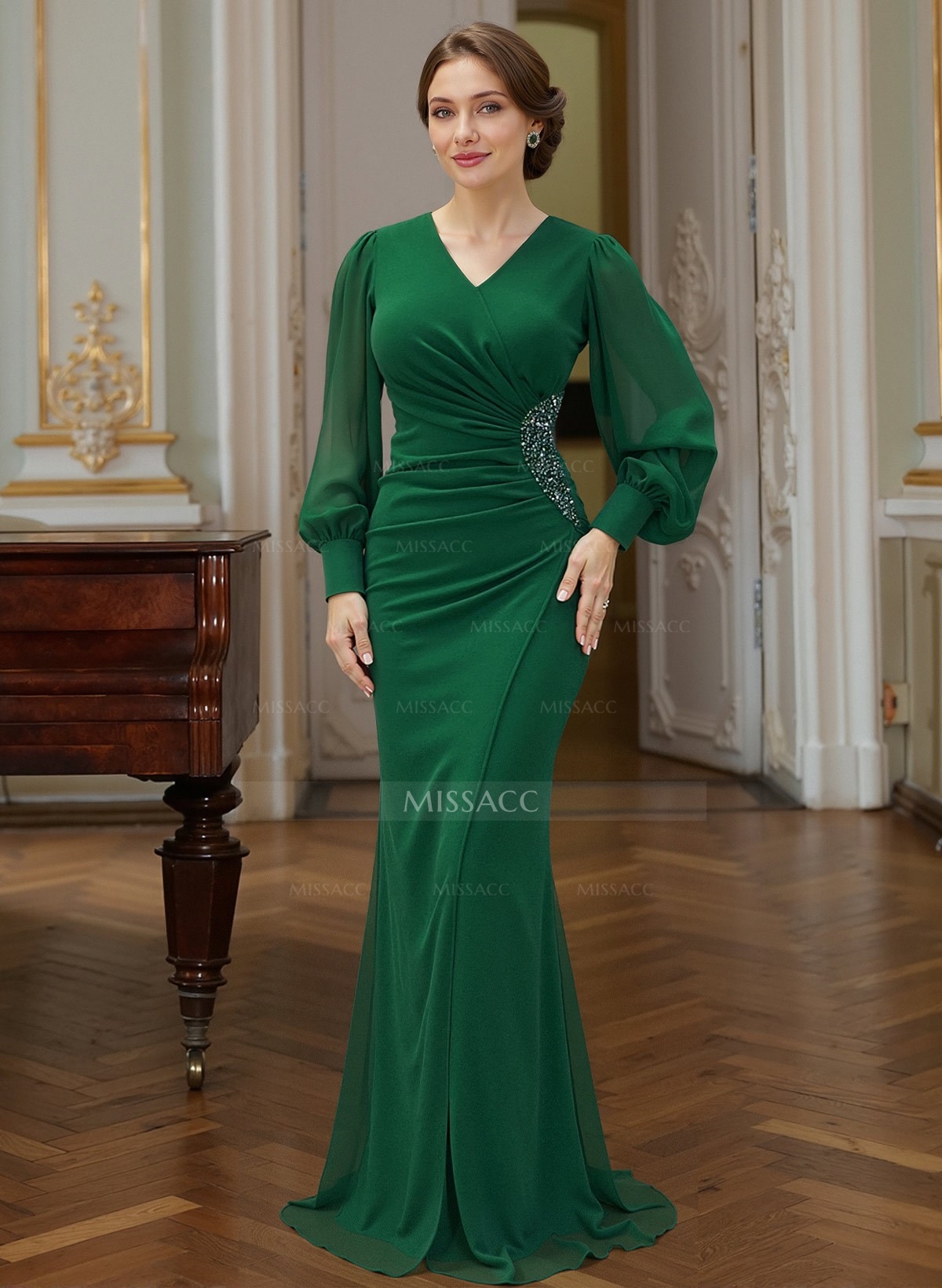 Trumpet Mermaid V-Neck Long Sleeves Sweep Train Chiffon Mother Of The Bride Dresses With Rhinestone Bubble Hem