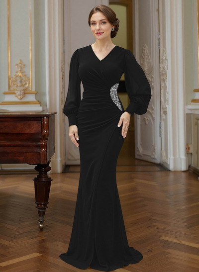 Trumpet Mermaid V-Neck Long Sleeves Sweep Train Chiffon Mother Of The Bride Dresses With Rhinestone Bubble Hem