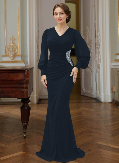 Trumpet Mermaid V-Neck Long Sleeves Sweep Train Chiffon Mother Of The Bride Dresses With Rhinestone Bubble Hem