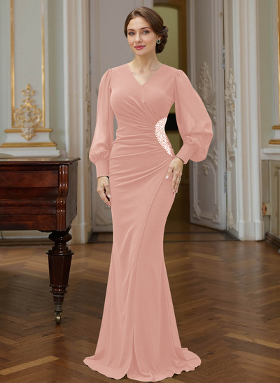 Trumpet Mermaid V-Neck Long Sleeves Sweep Train Chiffon Mother Of The Bride Dresses With Rhinestone Bubble Hem