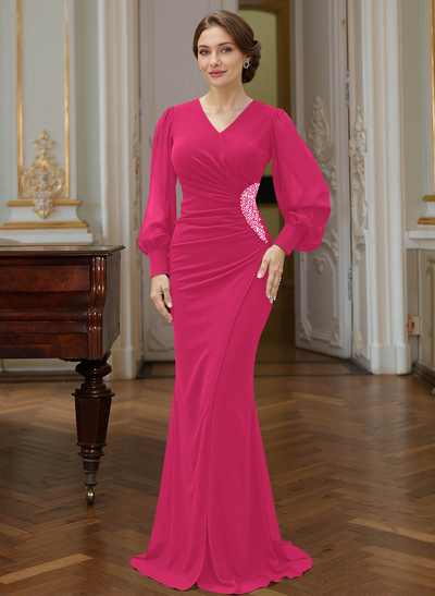 Trumpet Mermaid V-Neck Long Sleeves Sweep Train Chiffon Mother Of The Bride Dresses With Rhinestone Bubble Hem