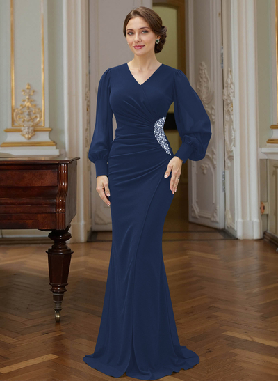 Trumpet Mermaid V-Neck Long Sleeves Sweep Train Chiffon Mother Of The Bride Dresses With Rhinestone Bubble Hem