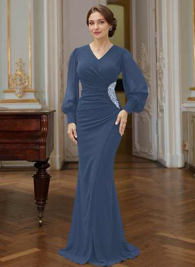 Trumpet Mermaid V-Neck Long Sleeves Sweep Train Chiffon Mother Of The Bride Dresses With Rhinestone Bubble Hem