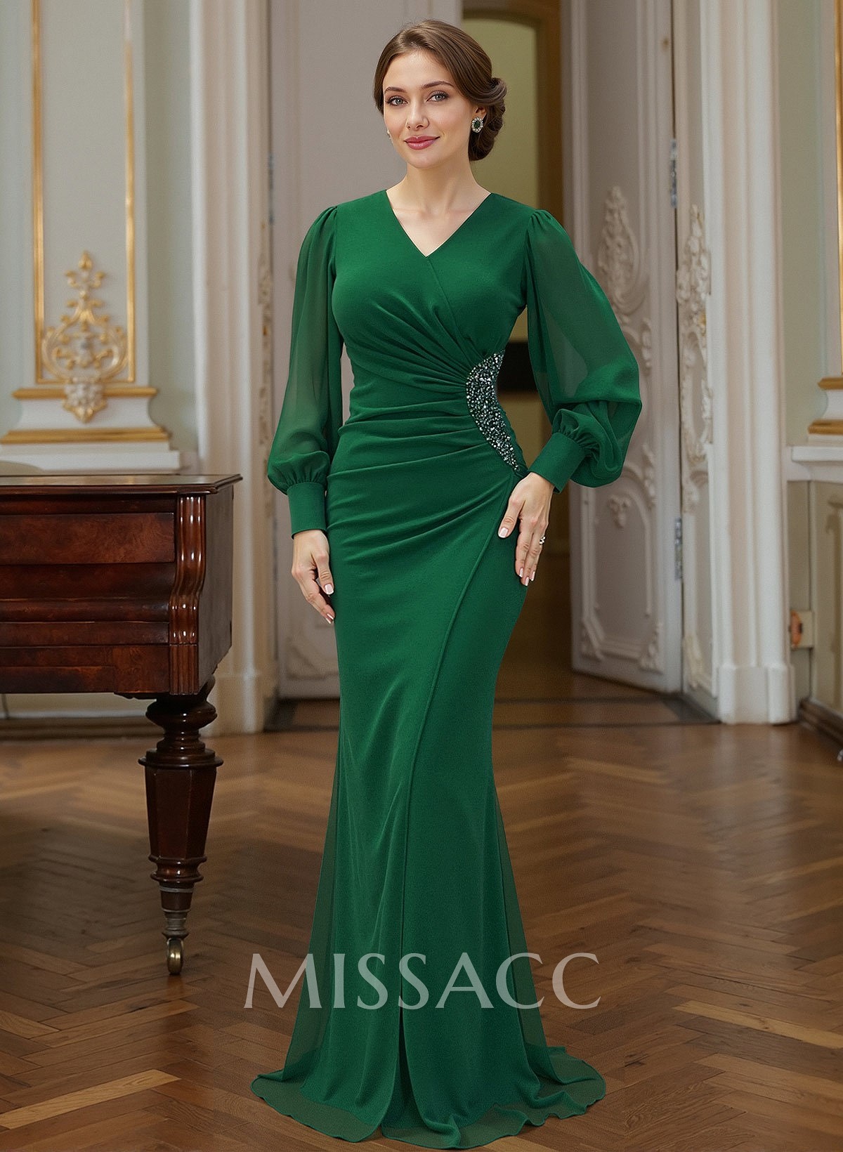 Trumpet Mermaid V-Neck Long Sleeves Sweep Train Chiffon Mother Of The Bride Dresses With Rhinestone Bubble Hem Trumpet Mermaid V-Neck Long Sleeves Sweep Train Chiffon Mother Of The Bride Dresses With Rhinestone Bubble Hem