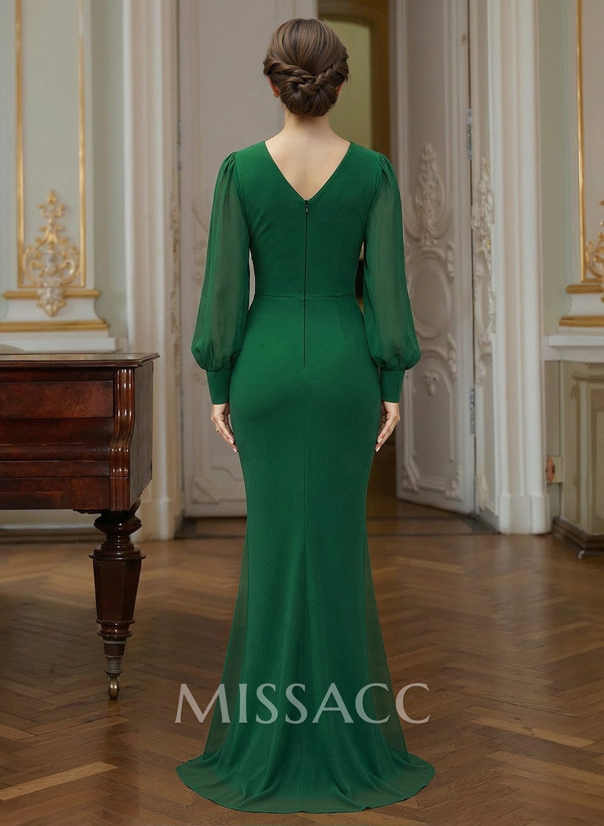 Trumpet Mermaid V-Neck Long Sleeves Sweep Train Chiffon Mother Of The Bride Dresses With Rhinestone Bubble Hem Trumpet Mermaid V-Neck Long Sleeves Sweep Train Chiffon Mother Of The Bride Dresses With Rhinestone Bubble Hem