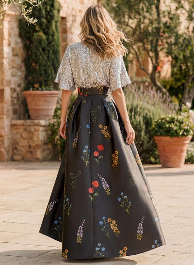 A-Line V-Neck 1/2 Sleeves Floor-Length Sequined Twill Satin Evening Dresses With Sequins Sash Flower