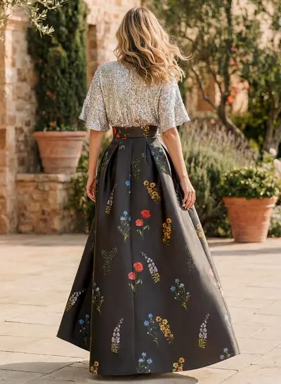 A-Line V-Neck 1/2 Sleeves Floor-Length Sequined Twill Satin Evening Dresses With Floral-Print/Sequins/Sash