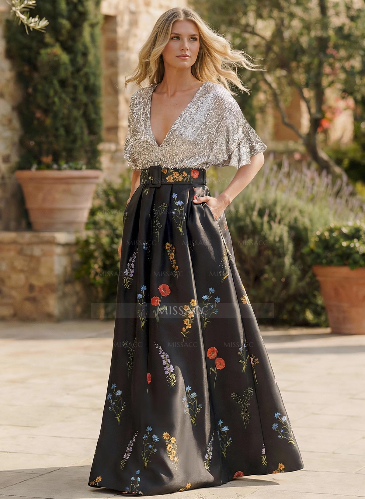 A-Line V-Neck 1/2 Sleeves Floor-Length Sequined Twill Satin Mother Of The Bride Dresses With Sequins Sash Flower