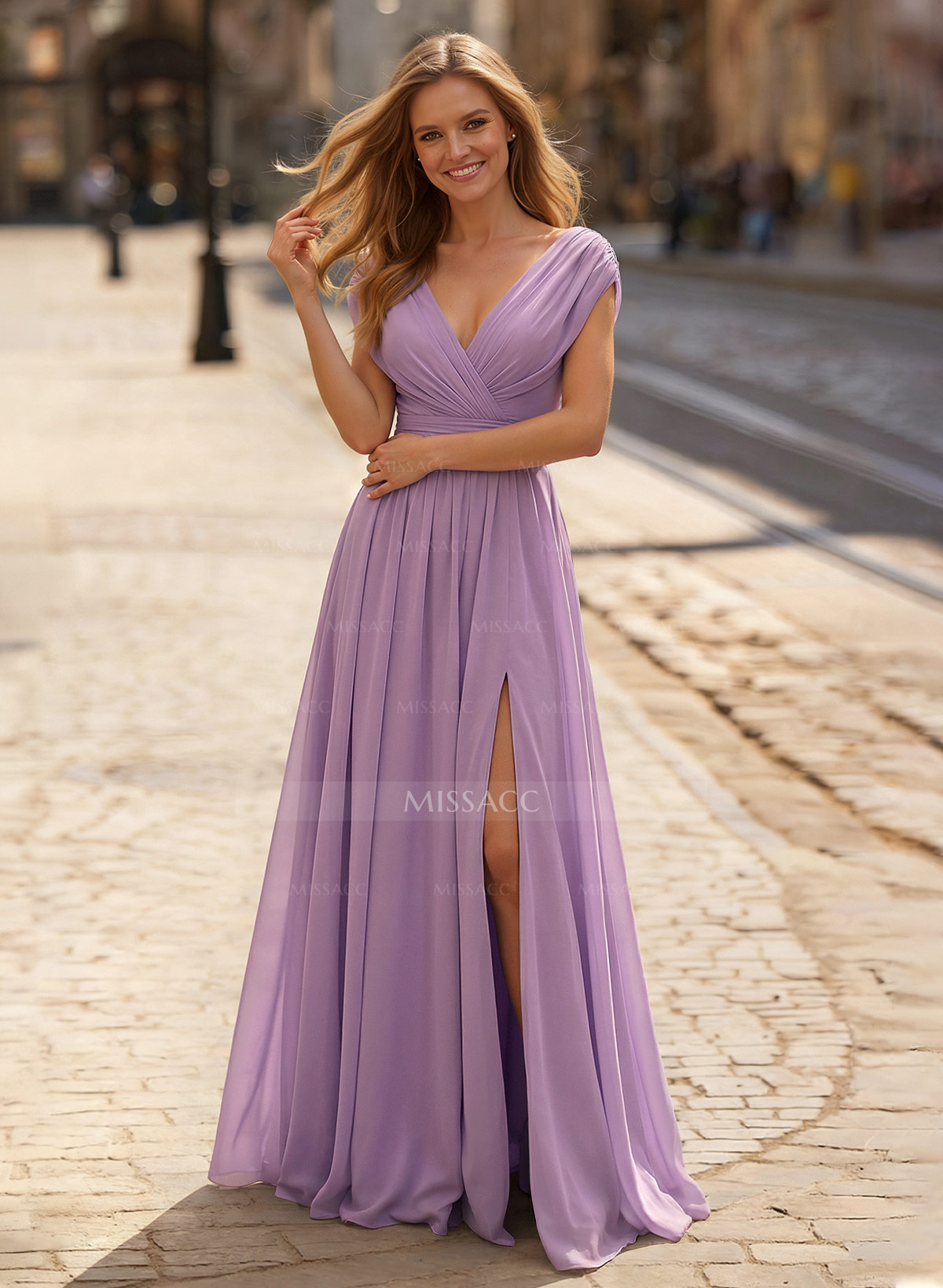 A-Line V-Neck Sleeveless Floor-Length Chiffon Mother Of The Bride Dresses With Split Front Pleated