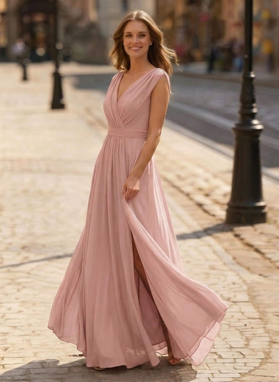 A-Line V-Neck Sleeveless Floor-Length Chiffon Mother Of The Bride Dresses With Split Front Pleated