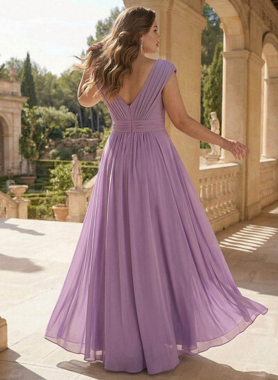 A-Line V-Neck Sleeveless Floor-Length Chiffon Mother Of The Bride Dresses With Split Front Pleated