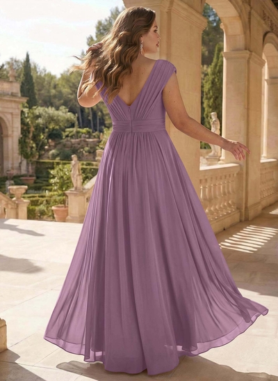 A-Line V-Neck Sleeveless Floor-Length Chiffon Mother Of The Bride Dresses With Split Front Pleated