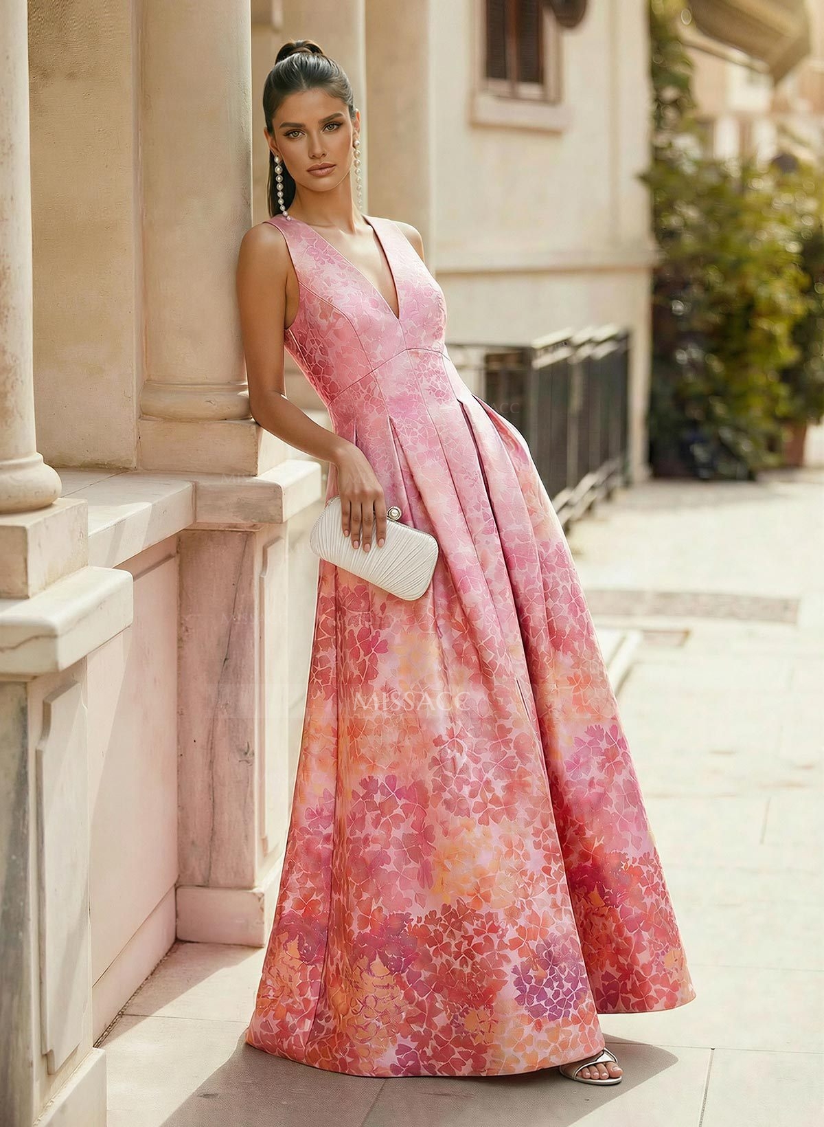 A-Line V-Neck Floor-Length Satin Prom Dresses With Split Front/Pockets/Flower(s)