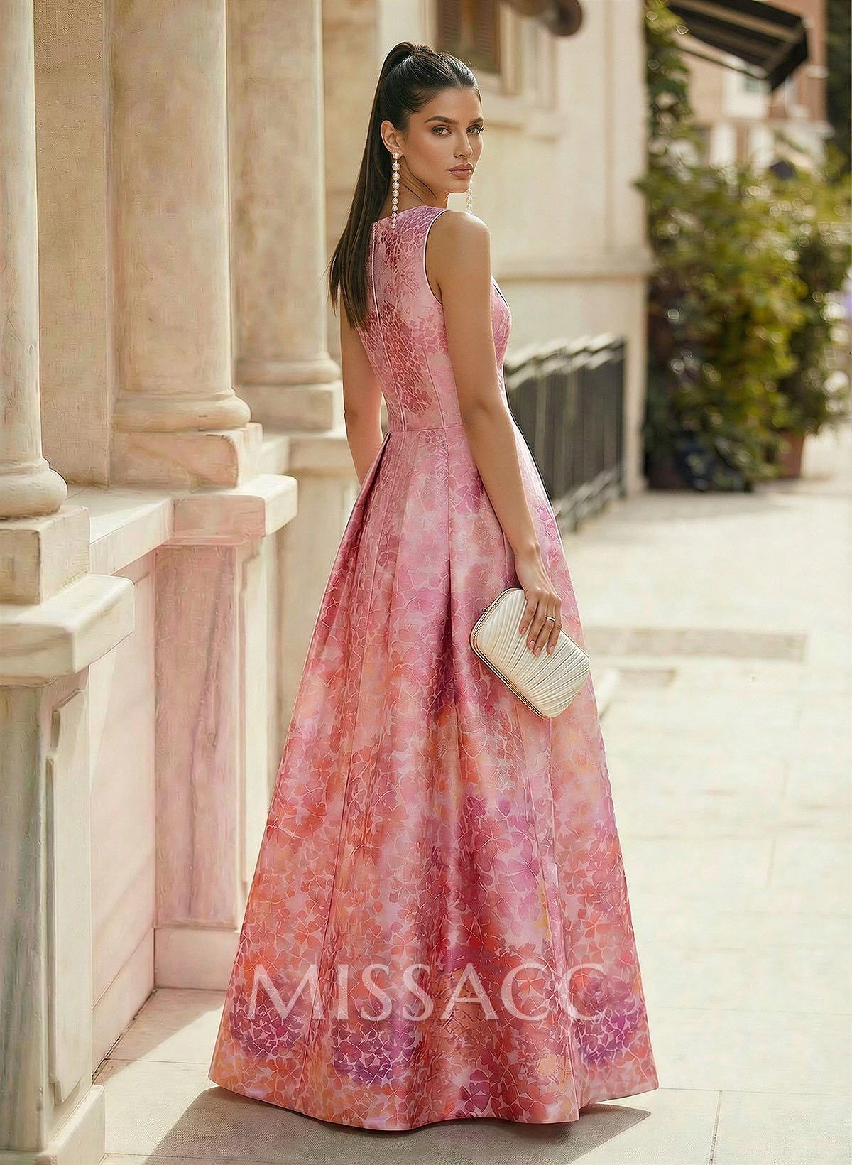 A-Line V-Neck Floor-Length Satin Prom Dresses With Split Front/Pockets/Flower(s)