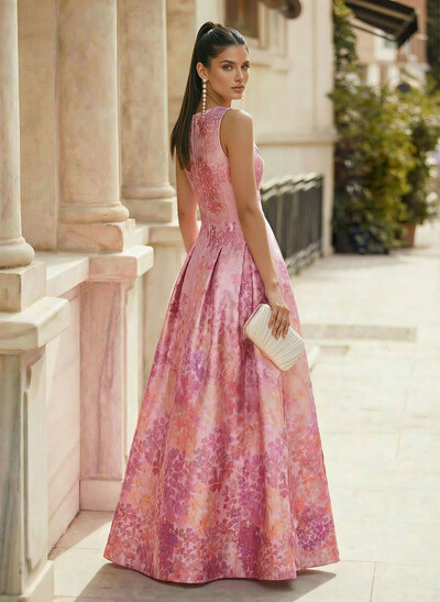 A-Line V-Neck Floor-Length Satin Prom Dresses With Floral-Print/Split Front/Pockets