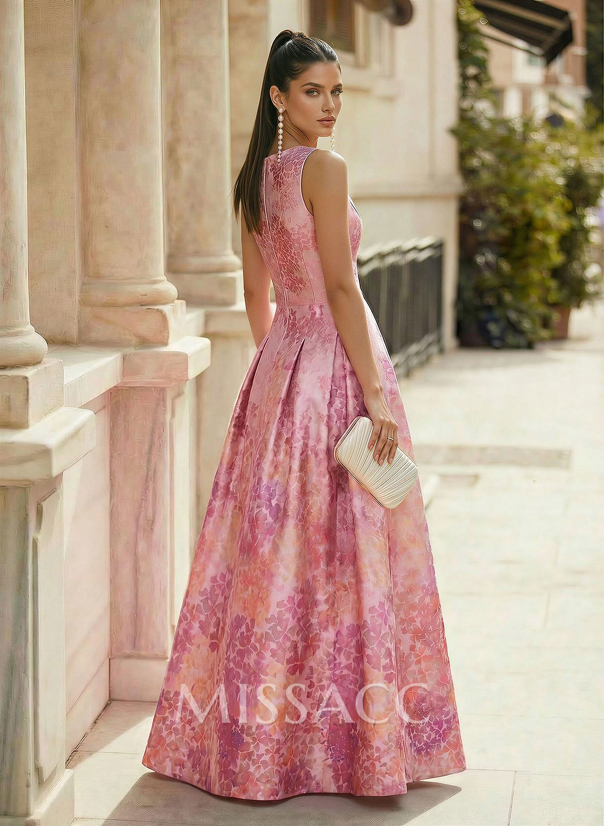 A-Line V-Neck Floor-Length Satin Prom Dresses With Floral-Print/Split Front/Pockets