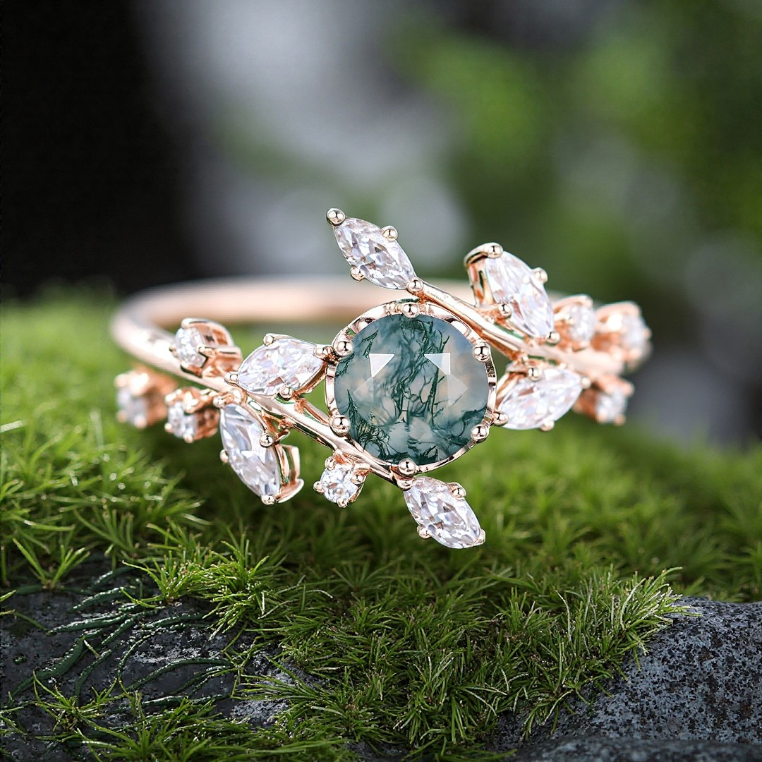 1CT Round Cut Moss Agate Engagement Rings In Sterling Silver
