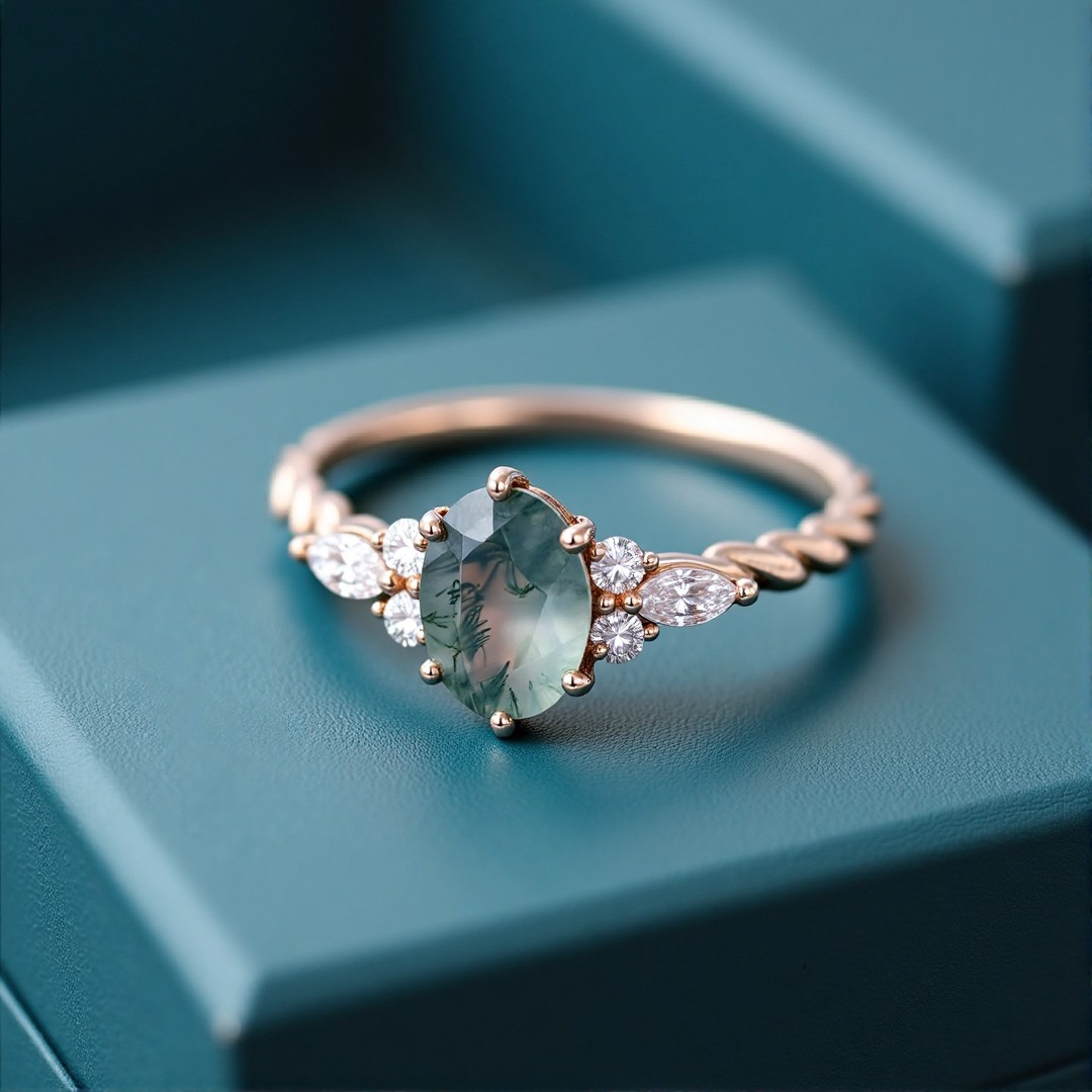 1CT Oval Cut Moss Agate Engagement Rings In Sterling Silver