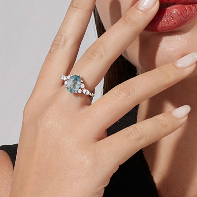 1CT Oval Cut Moss Agate Engagement Rings In Sterling Silver