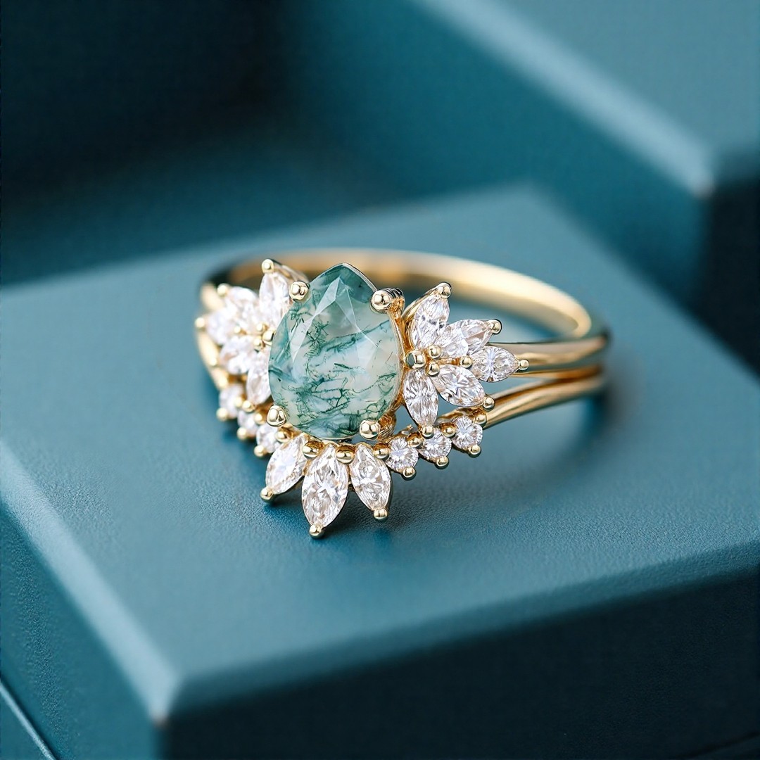 1CT Pear Cut Moss Agate Engagement Rings Sets In Sterling Silver