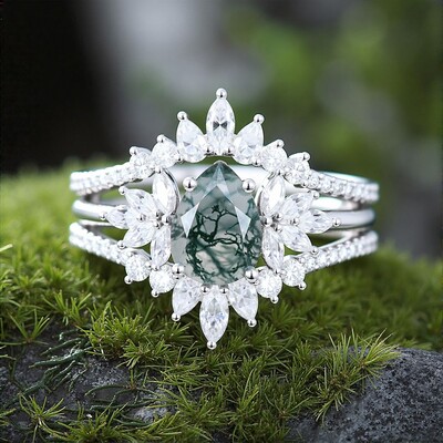 1CT Pear Cut Moss Agate Zircon Engagement Rings Sets In Sterling Silver