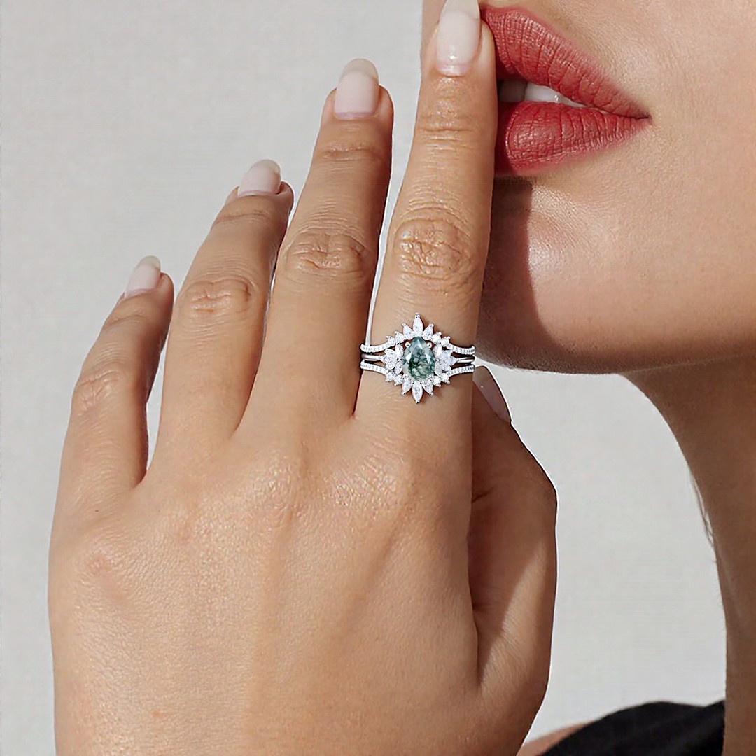1CT Pear Cut Moss Agate Zircon Engagement Rings Sets In Sterling Silver