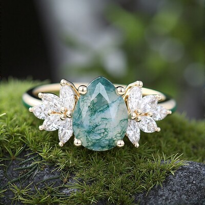 1CT Pear Cut Moss Agate Engagement Rings In Sterling Silver