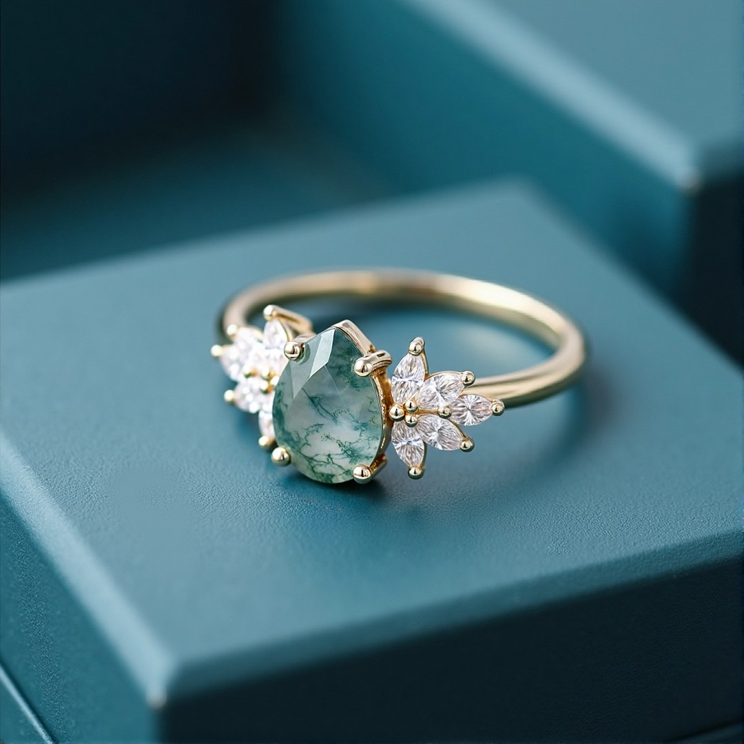 1CT Pear Cut Moss Agate Engagement Rings In Sterling Silver