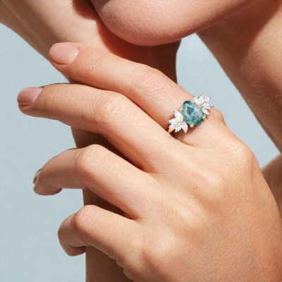 1CT Pear Cut Moss Agate Engagement Rings In Sterling Silver