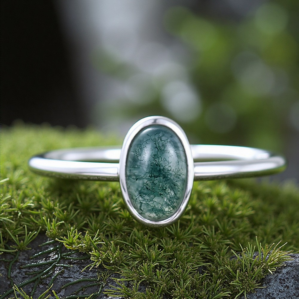 1CT Round Cut Moss Agate Wedding Bands In Sterling Silver