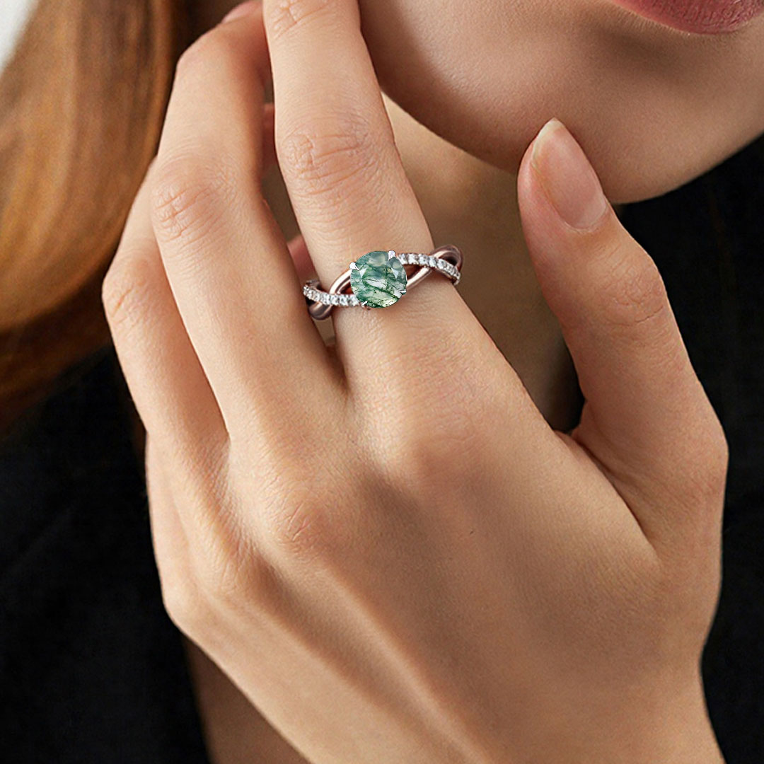 1CT Round Cut Moss Agate Engagement Rings In Sterling Silver