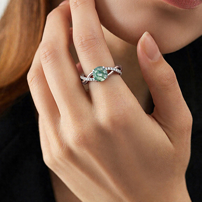 1CT Round Cut Moss Agate Engagement Rings In Sterling Silver