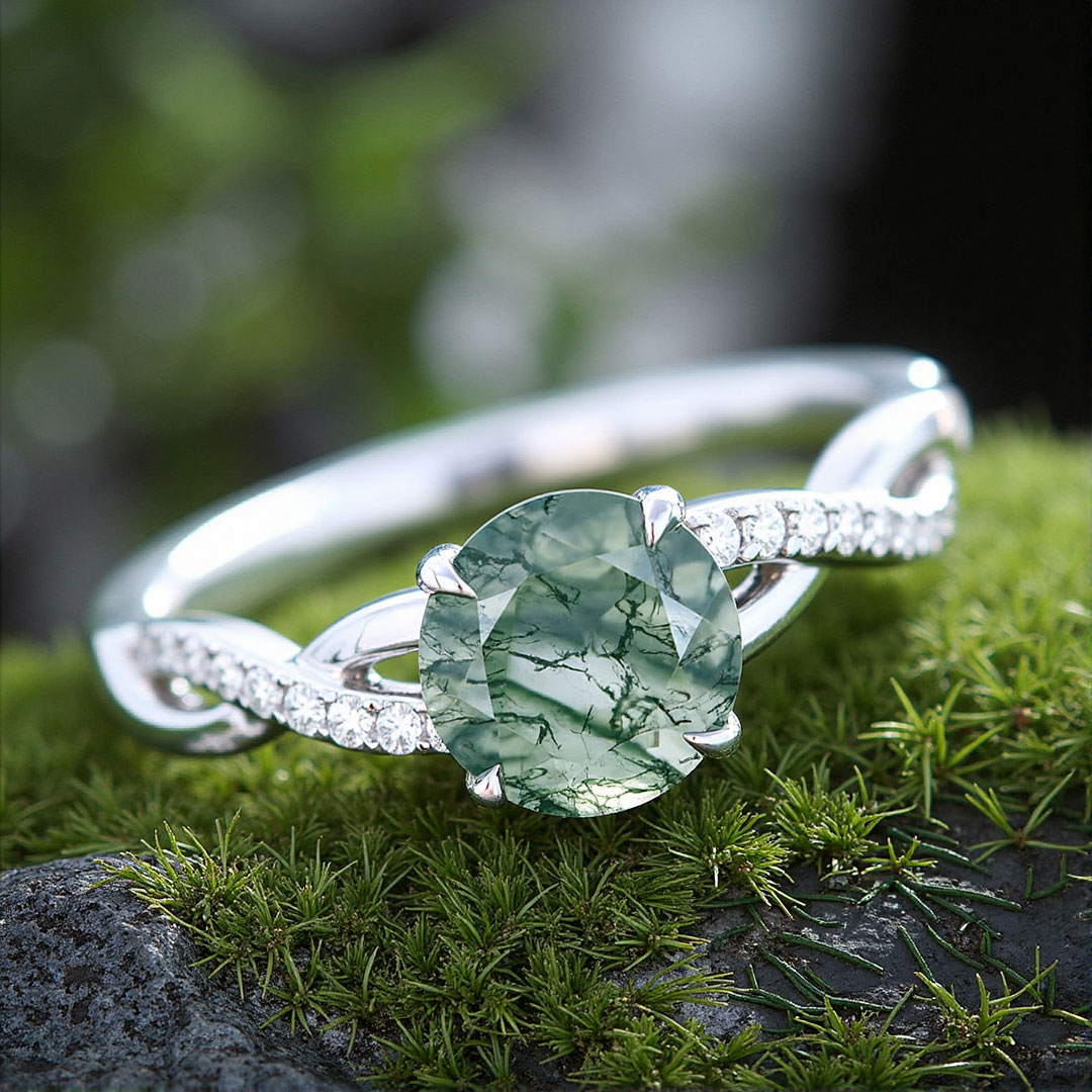1CT Round Cut Moss Agate Engagement Rings In Sterling Silver