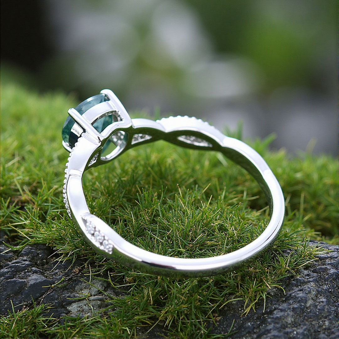 1CT Round Cut Moss Agate Engagement Rings In Sterling Silver