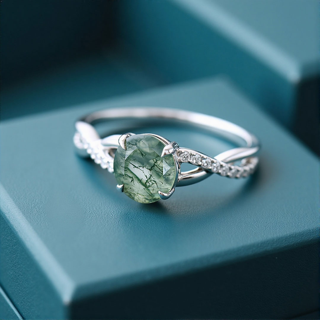 1CT Round Cut Moss Agate Engagement Rings In Sterling Silver