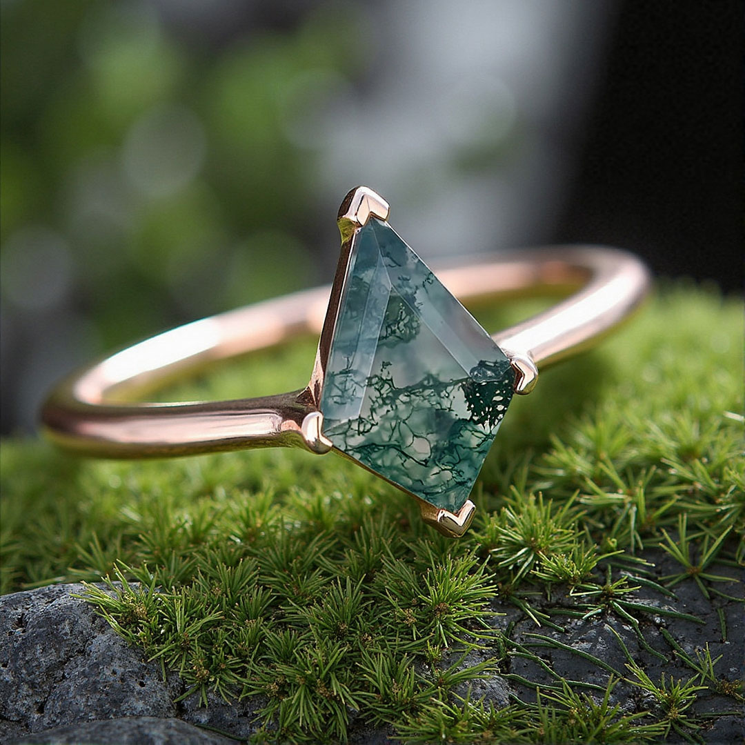 1CT Kite Cut Moss Agate Engagement Rings In Sterling Silver