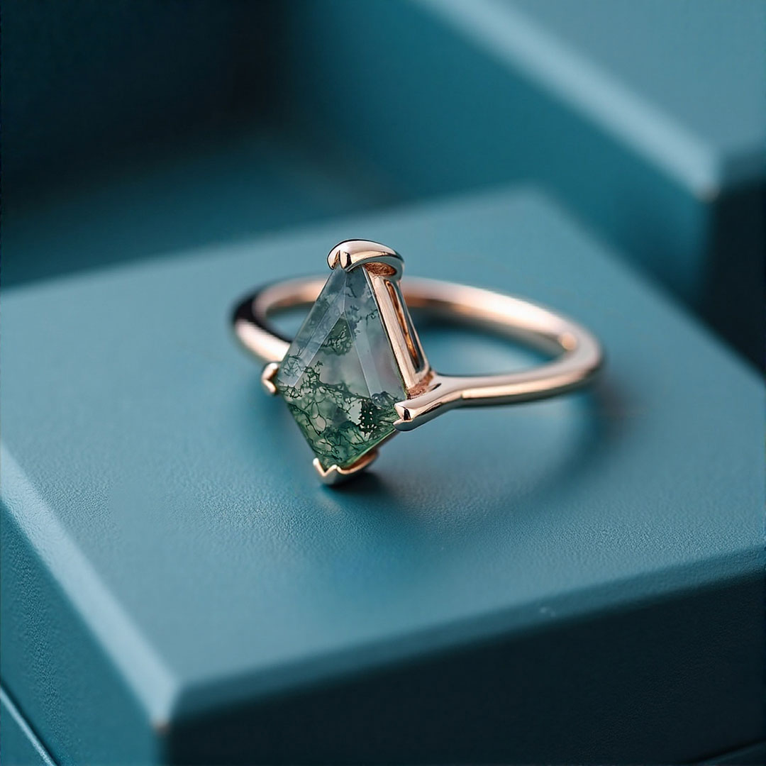 1CT Kite Cut Moss Agate Engagement Rings In Sterling Silver