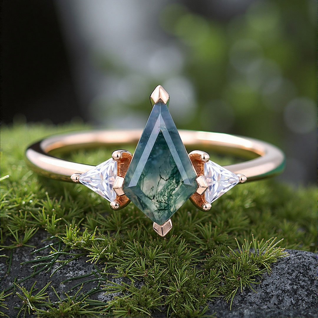 1CT Kite Cut Moissanite/Moss Agate Engagement Rings In Sterling Silver