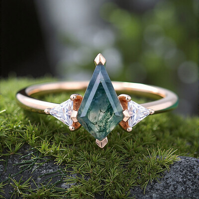 1CT Kite Cut Moissanite/Moss Agate Engagement Rings In Sterling Silver