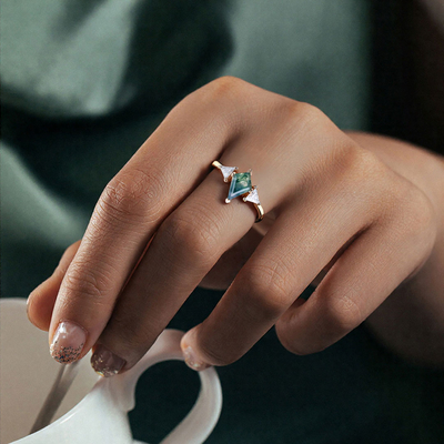 1CT Kite Cut Moissanite/Moss Agate Engagement Rings In Sterling Silver