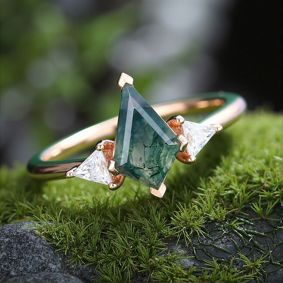 1CT Kite Cut Moissanite/Moss Agate Engagement Rings In Sterling Silver