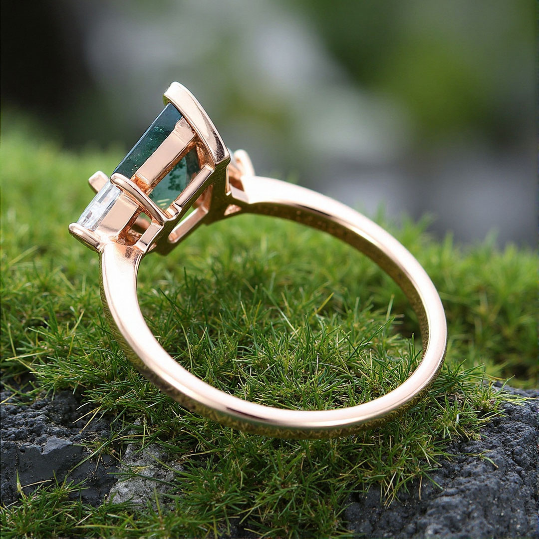 1CT Kite Cut Moissanite/Moss Agate Engagement Rings In Sterling Silver