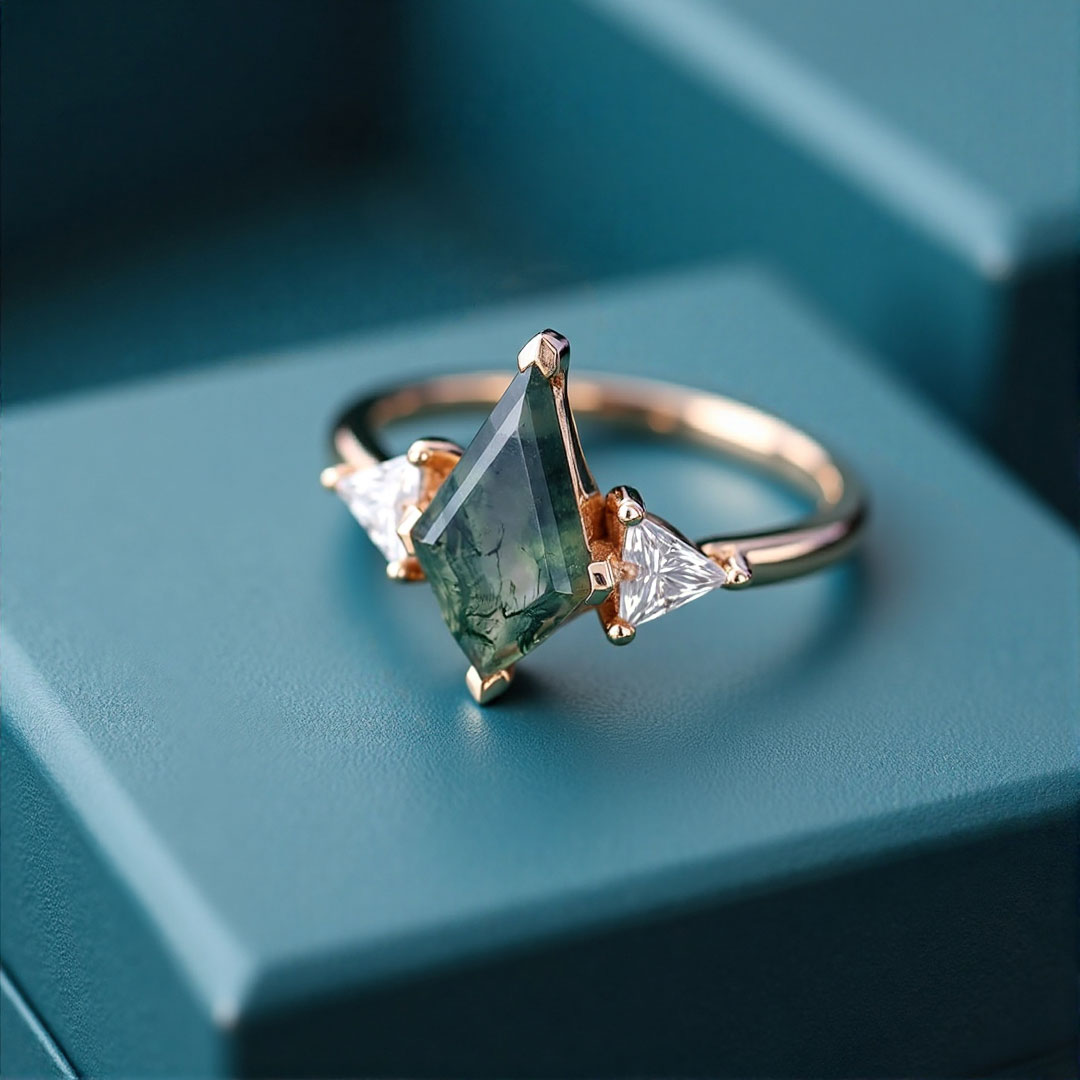 1CT Kite Cut Moissanite/Moss Agate Engagement Rings In Sterling Silver