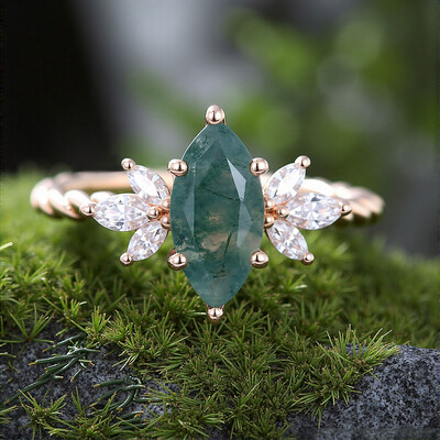 1CT Marquise Cut Moissanite/Moss Agate Engagement Rings In Sterling Silver