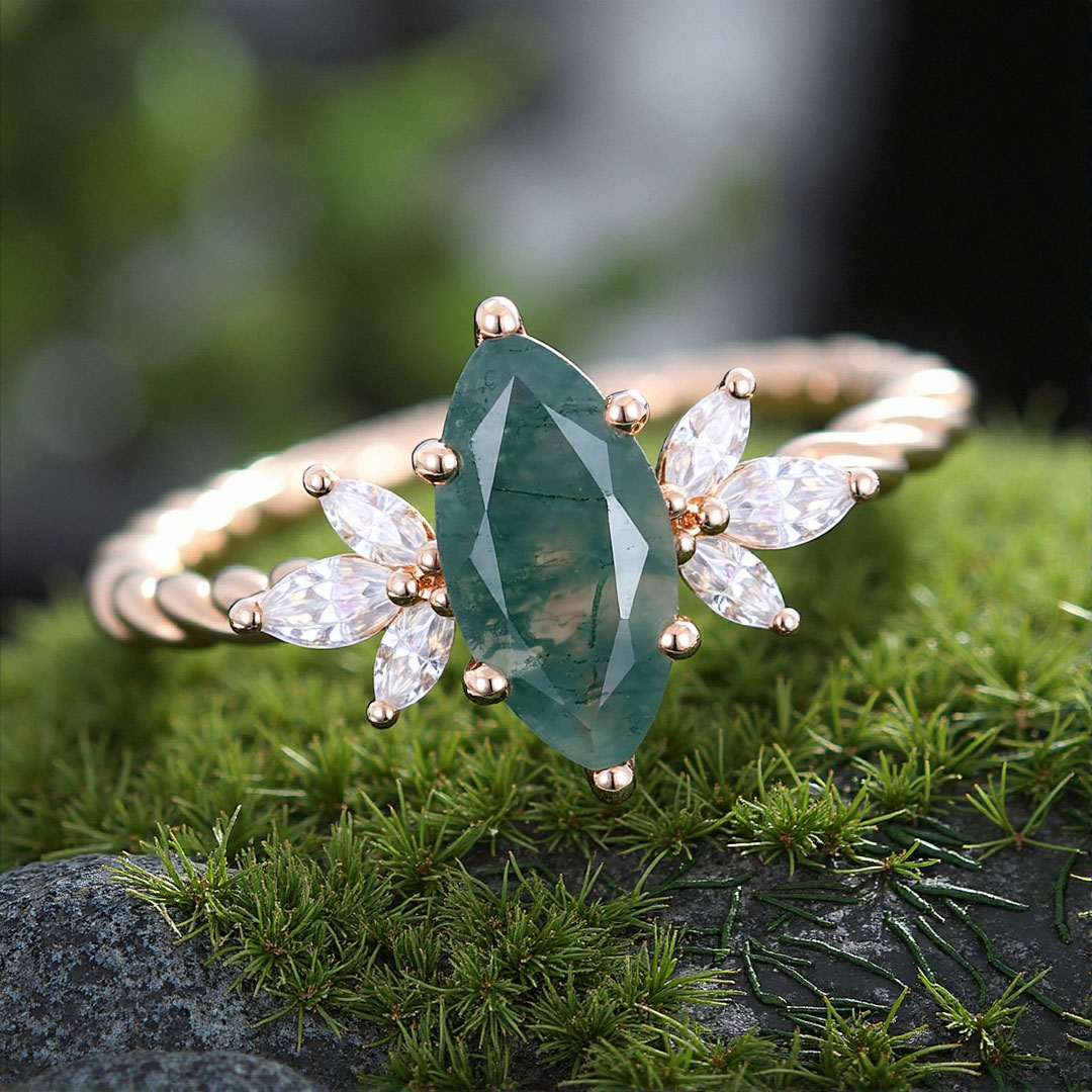 1CT Marquise Cut Moissanite/Moss Agate Engagement Rings In Sterling Silver