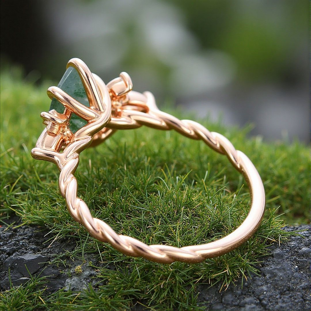 1CT Marquise Cut Moissanite/Moss Agate Engagement Rings In Sterling Silver