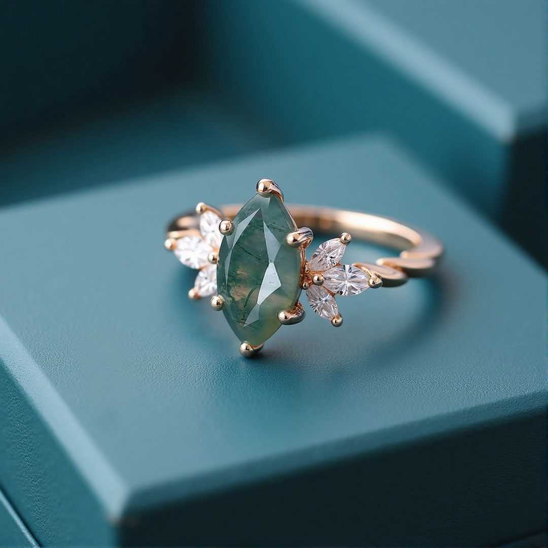 1CT Marquise Cut Moissanite/Moss Agate Engagement Rings In Sterling Silver