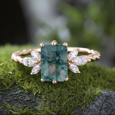 Emerald Cut Moissanite/Moss Agate Engagement Rings In Sterling Silver